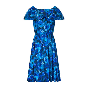 1950s Gigi Young Blue and Black Floral Silk Dress