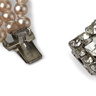 1950s Glass Pearl Triple Strand Necklace with Rhinestone Clasp