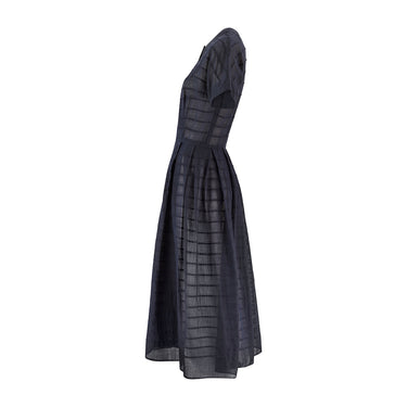 1950s L'Aignon Navy Cotton Short-Sleeve Dress with Pleat Detail