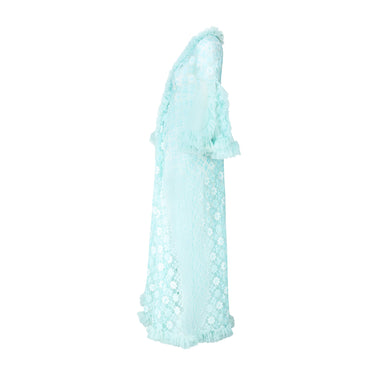 1960s Turquoise Floral Lace Peignoir Robe with Ruffle Trim