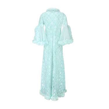 1960s Turquoise Floral Lace Peignoir Robe with Ruffle Trim
