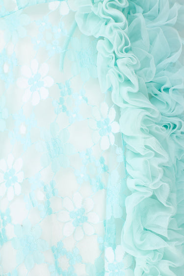 1960s Turquoise Floral Lace Peignoir Robe with Ruffle Trim