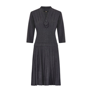 1950s Mottled Grey Wool Dress with Pleated Drop Waist Skirt