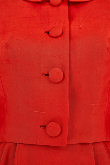 ARCHIVE - 1950s Nathan Strong Deep Orange Silk Dress Suit with Ruched Bodice