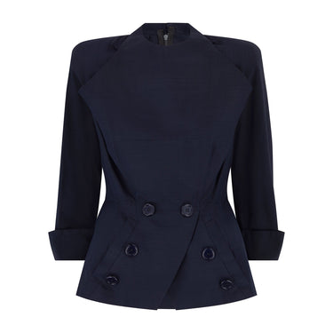 1950s Navy Silk Couture Bar Jacket with Button Pocket