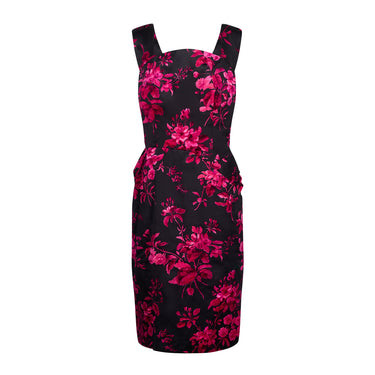 1950s Norman Hartnell Couture Black Silk and Pink Floral Print Dress