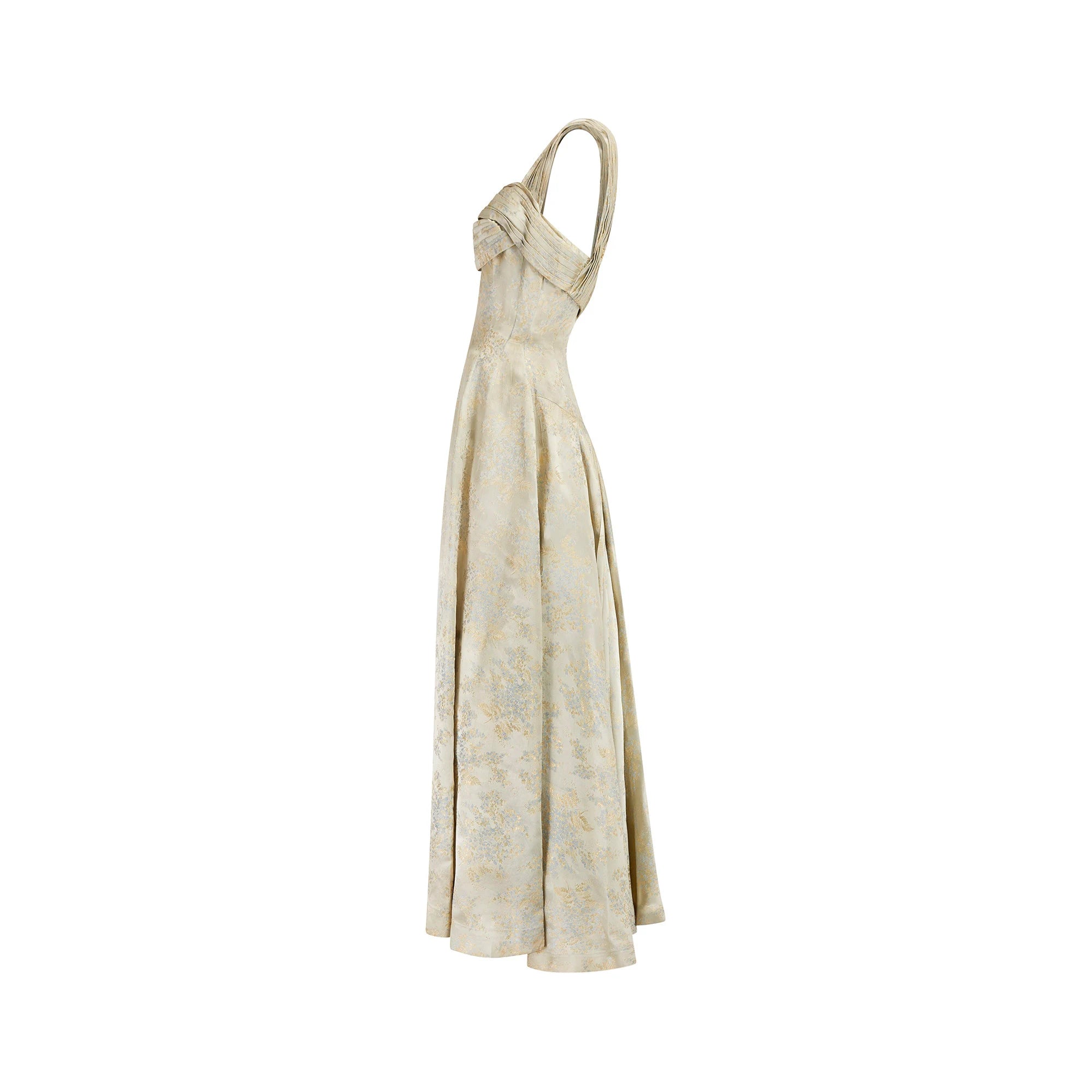 ARCHIVE - 1950s Pale Gold and Blue Brocade Ball Gown