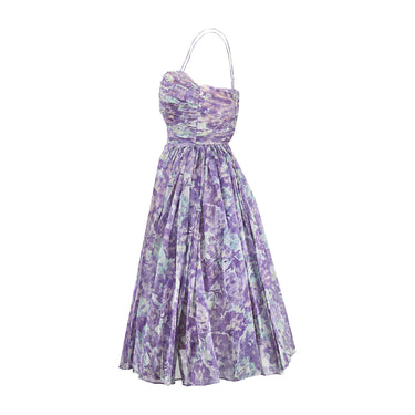 ARCHIVE - 1950s Purple and Turquoise Floral Organza Ruched Dress