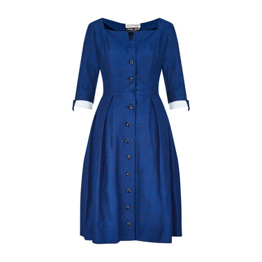 1950s Susan Small Textured French Blue Cotton Shirt Dress