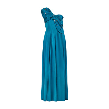 1950s Turquoise Satin Pearl-Adorned Evening Dress with Bow Bust