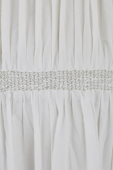 1950s White Cotton Smocked Dress with Tie Back