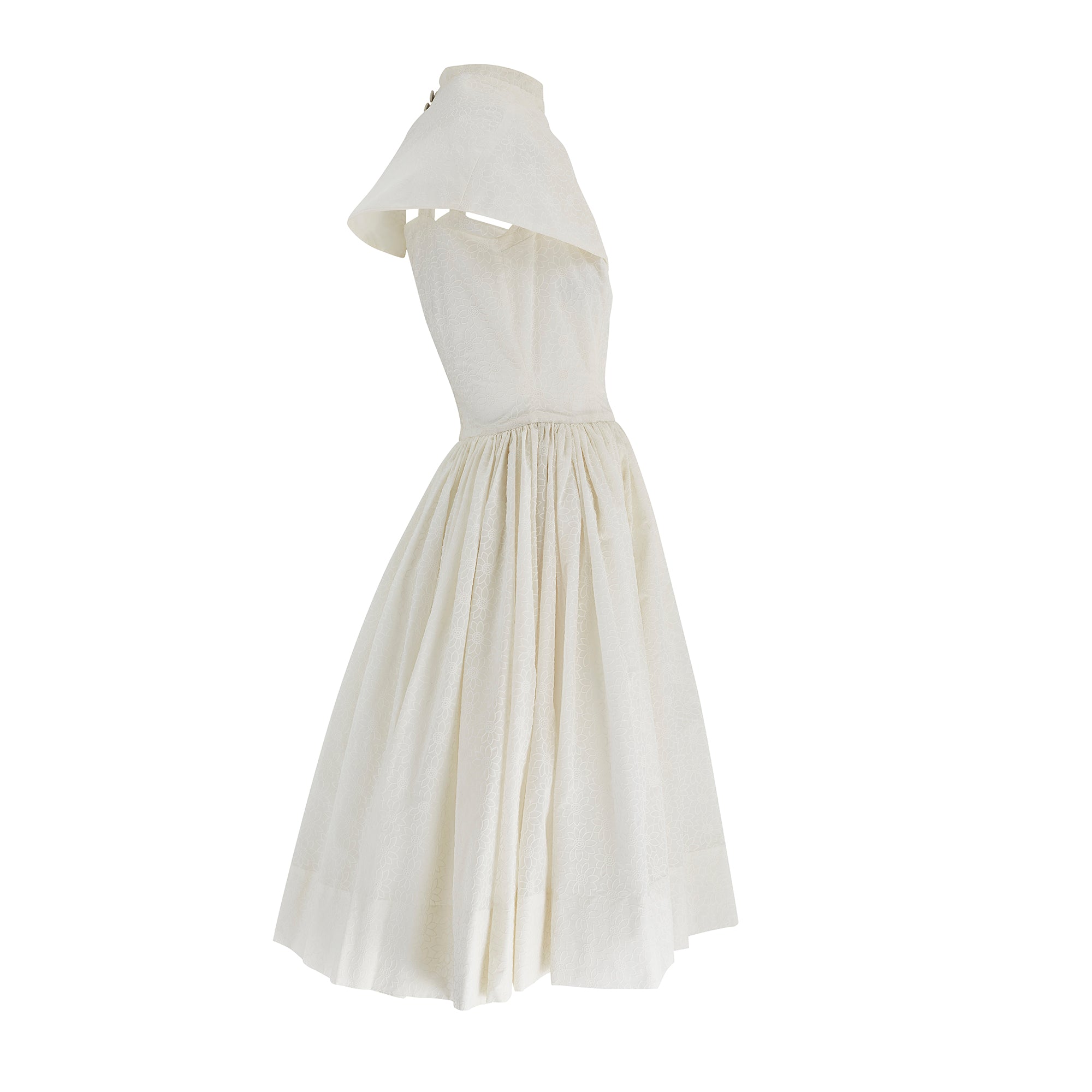 1950s White Nylon Dress with Flocked Daisy Print and Matching Capelet
