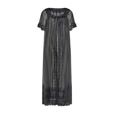 1960s Elizabeth Heyes Black Chiffon Negligee with Lace Trim