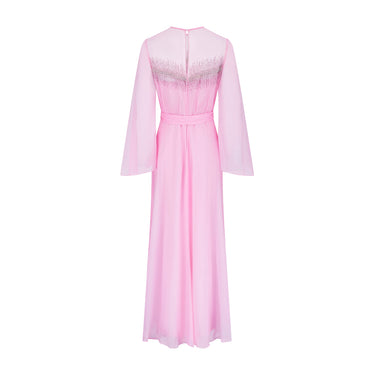 1960s Hannalore Pink Chiffon Beaded Maxi Dress