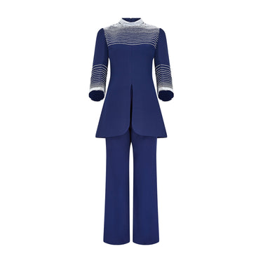 1960s Larry Ross Navy and White Wool Beaded Tunic Trouser Suit