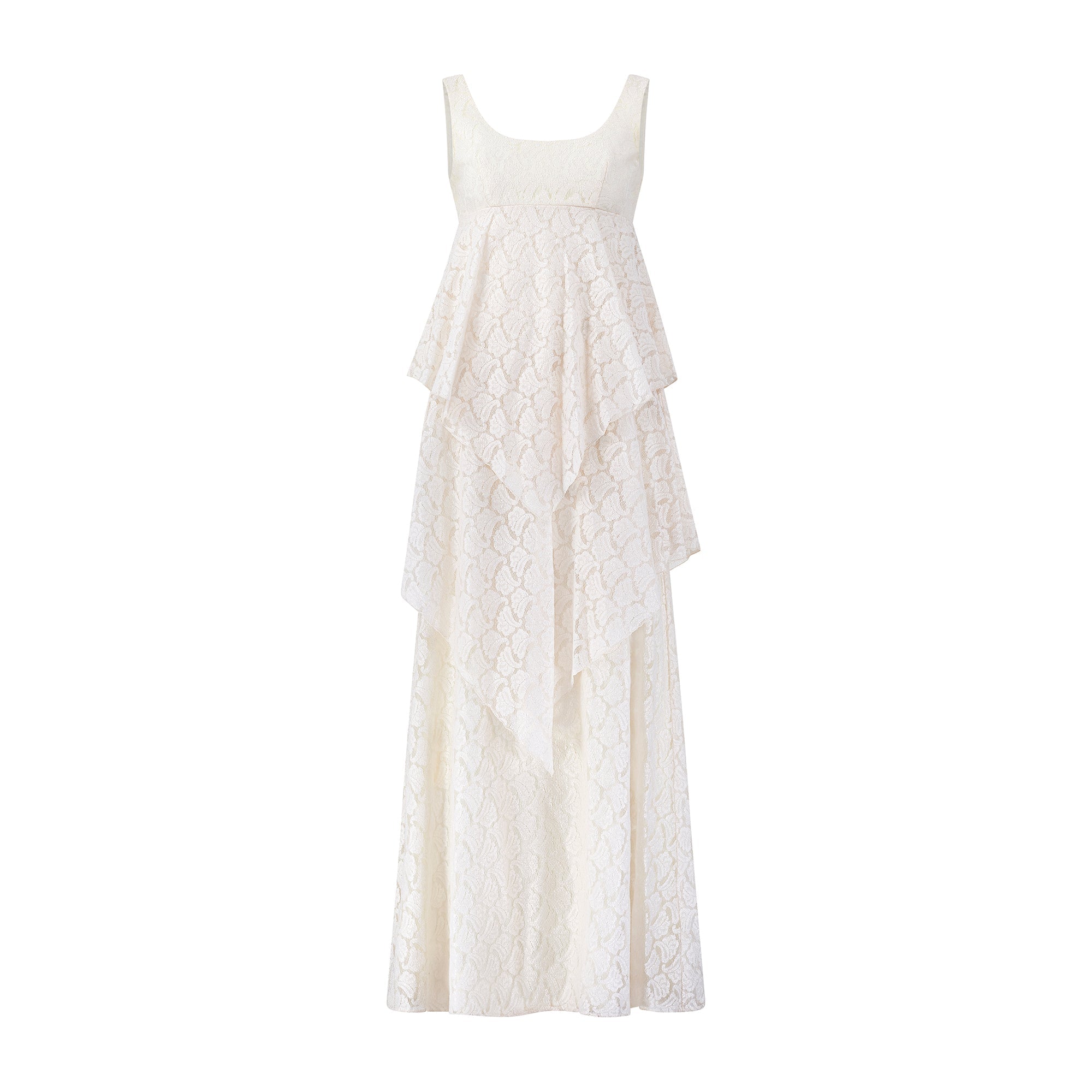ARCHIVE - 1970s Ellis Tassel Detail Tiered Cream Lace Wedding Dress ARCHIVE - 1970s Ellis Tassel Detail Tiered Cream Lace Wedding Dress