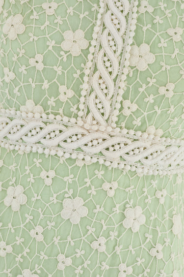 1960s Rulhina Pistachio Green Embroidered High-Neck Dress