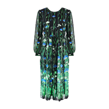 1970s Utah Tailoring Black Silk Dress with Green and Blue Florals