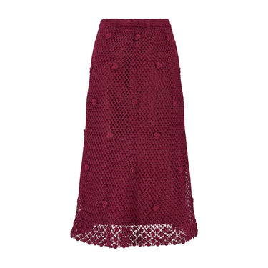1970s Burgundy Crochet Short Sleeve Top and A-Line Skirt