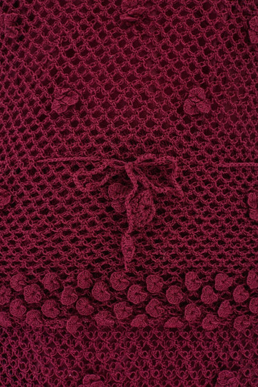 1970s Burgundy Crochet Short Sleeve Top and A-Line Skirt