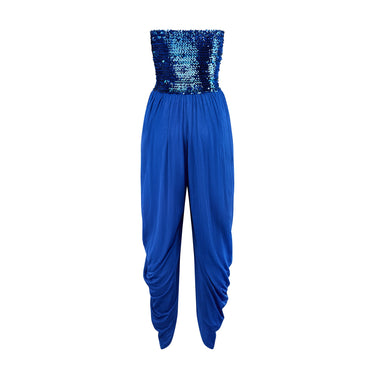 1980s Electric Blue Strapless Sequin Jumpsuit with Harem Trousers