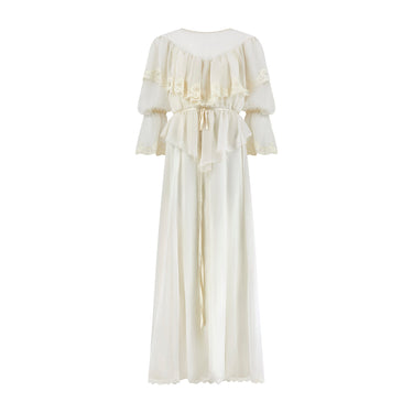 1970s Edwardian Style Cream Chiffon Maxi Dress