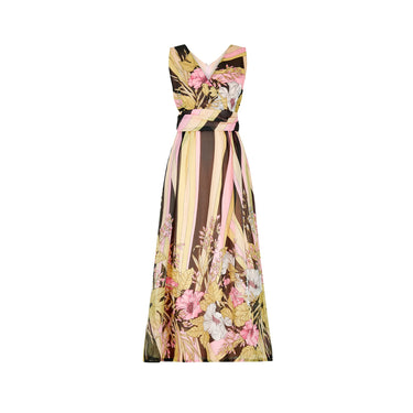 1970s Frederick Howard Georgette Floral and Chevron Print Dress
