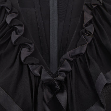 1970s Jean Muir Black Jersey Maxi Dress with Ribbon Work