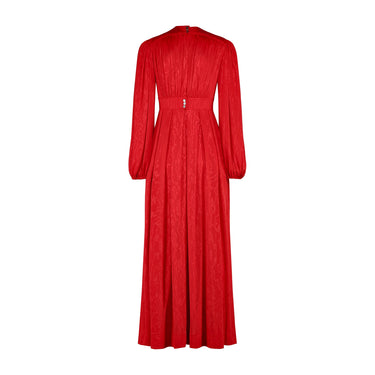 1970s Jean Muir Red Moire Jersey Long-Sleeved Maxi Dress