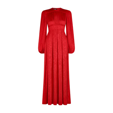 1970s Jean Muir Red Moire Jersey Long-Sleeved Maxi Dress