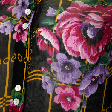 1970s Jeff Banks Black Yellow Geometric Floral Sheer Chiffon Shirt