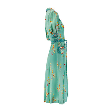 1970s Jeff Banks Seafoam Green Dress with Floral Print
