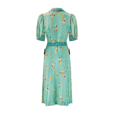 1970s Jeff Banks Seafoam Green Dress with Floral Print