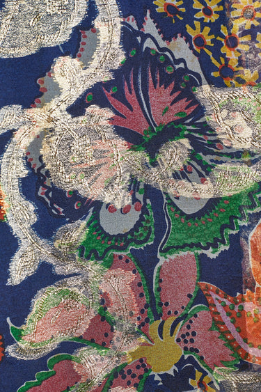 1970s Oscar De La Renta Navy Floral Organza and Gold Lurex Maxi Dress