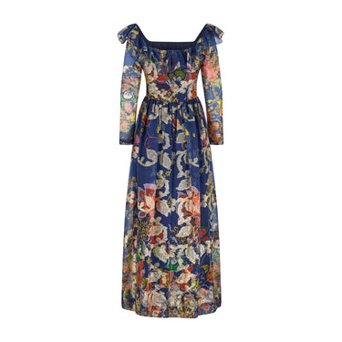 1970s Oscar De La Renta Navy Floral Organza and Gold Lurex Maxi Dress