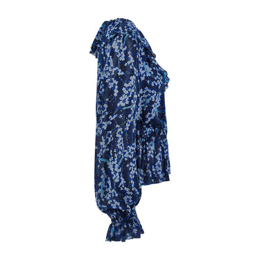 1970s Pucci Blue Floral Silk Blouse with Ruffle Neckline
