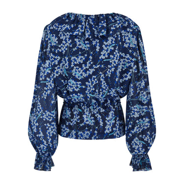 1970s Pucci Blue Floral Silk Blouse with Ruffle Neckline