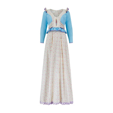 1970s Rumak Blue Polka Dot Floral Print Cotton Maxi Dress