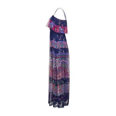 1970s Vera Mont Navy Organza Art Nouveau Print Maxi Dress