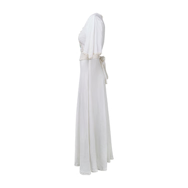 1970s White Cheesecloth and Crochet Dress with Cross Stitch Applique