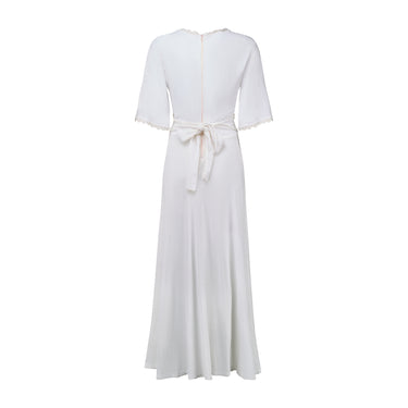 1970s White Cheesecloth and Crochet Dress with Cross Stitch Applique