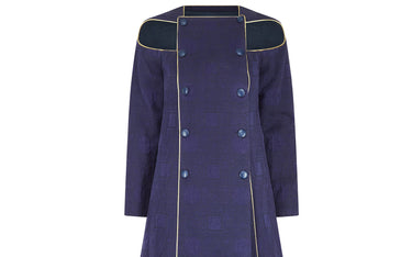 1990s Paco Rabanne Haute Couture Navy Cut-out Coat Dress with Gold Lame Trim