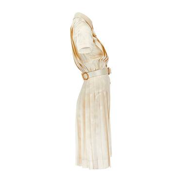 ARCHIVE - 1988 Runway Chanel Cream Silk Pleated Dress with Belt