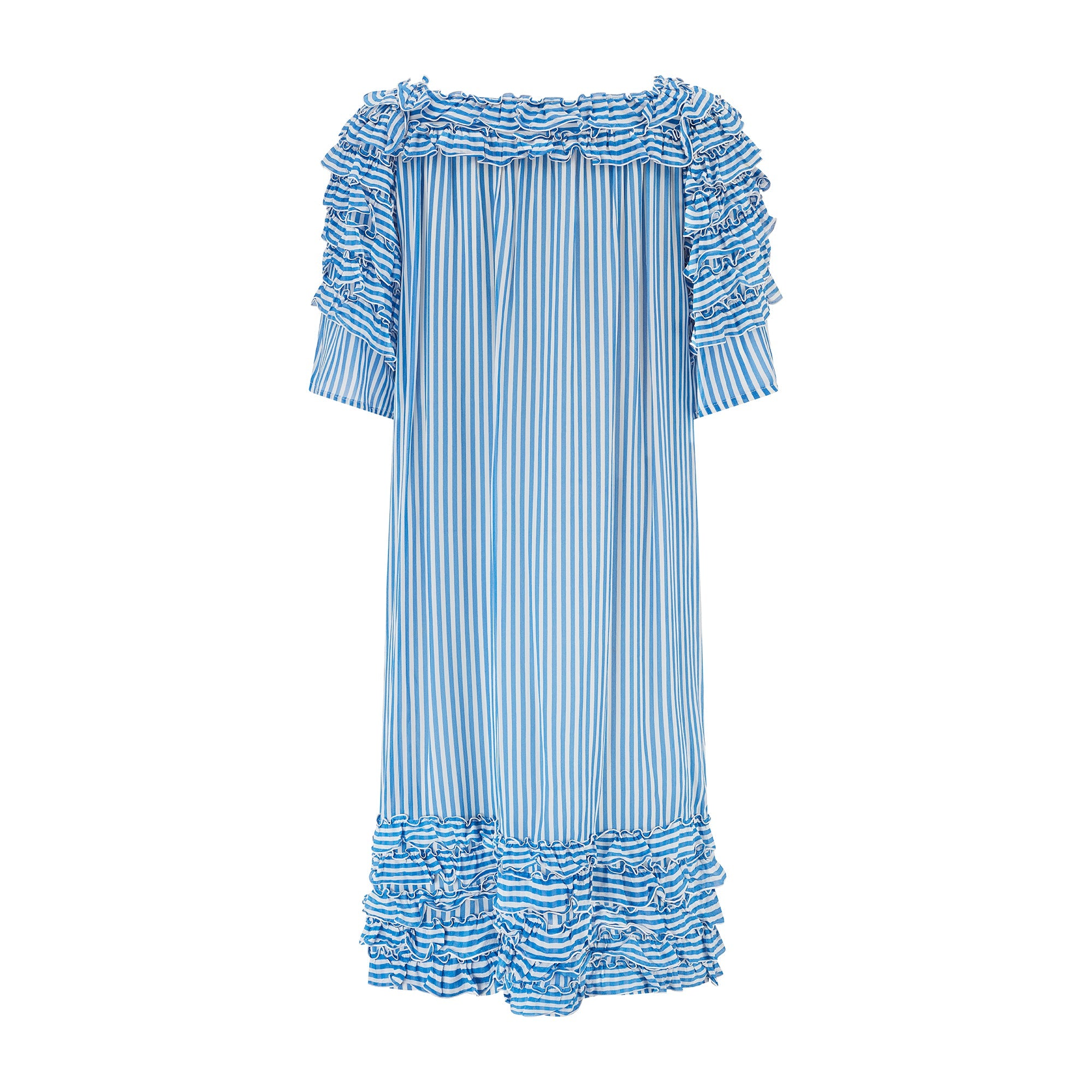 1980s Guy Laroche Blue and White Striped Silk Chiffon Dress