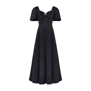 1980s Joan Leslie Black Satin Evening Dress with Large Bow