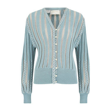 1980s Medici Duck Egg Blue Knitted Skirt Suit