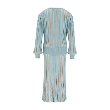 1980s Medici Duck Egg Blue Knitted Skirt Suit