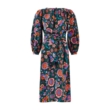 ARCHIVE - 1983 Runway Saint Laurent Floral and Polka-Dot Bell-Sleeve Silk Dress