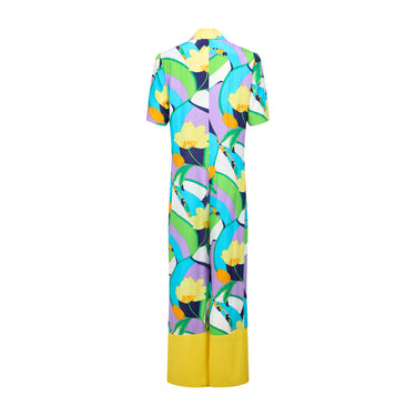 1980s Turquoise Blue Yellow Geometric Print Jumpsuit