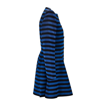 1980s Victor Edelstein Black and Blue Silk Striped Dress Coat